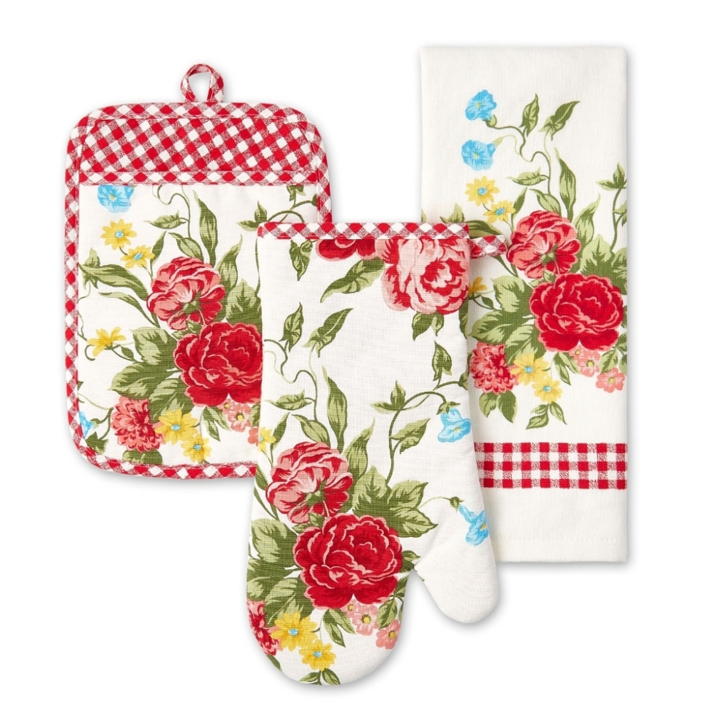 ❤️ New Pioneer Woman Sweet Rose Oven Mitts & Towel Set